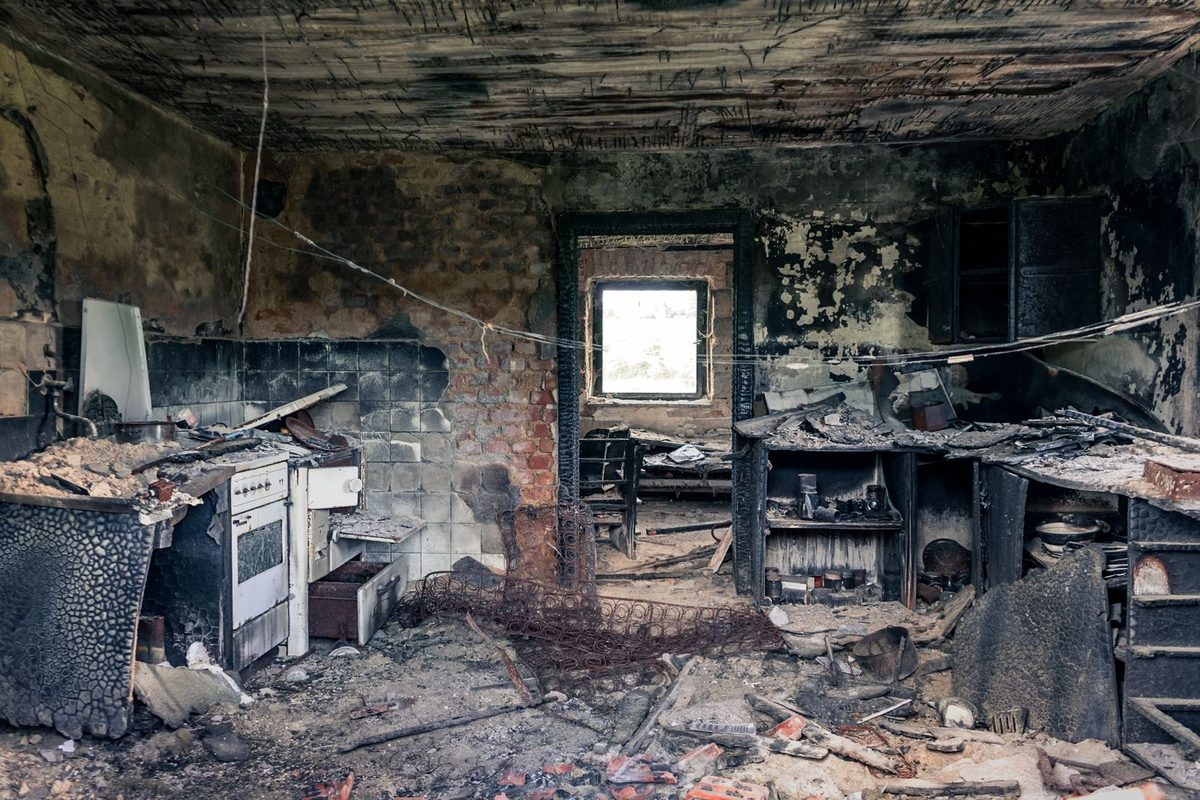 A fire- and smoke-damaged interior